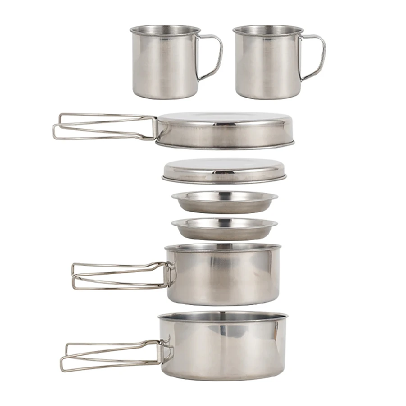 Camping Cooking Mess Kit - 8-teiliges Camping-Kochgeschirr-Set aus Edelstahl mit Töpfen,