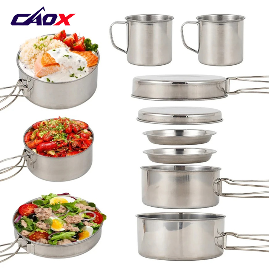 Camping Cooking Mess Kit - CAOX 8-teiliges Camping-Kochgeschirr-Set aus Edelstahl mit