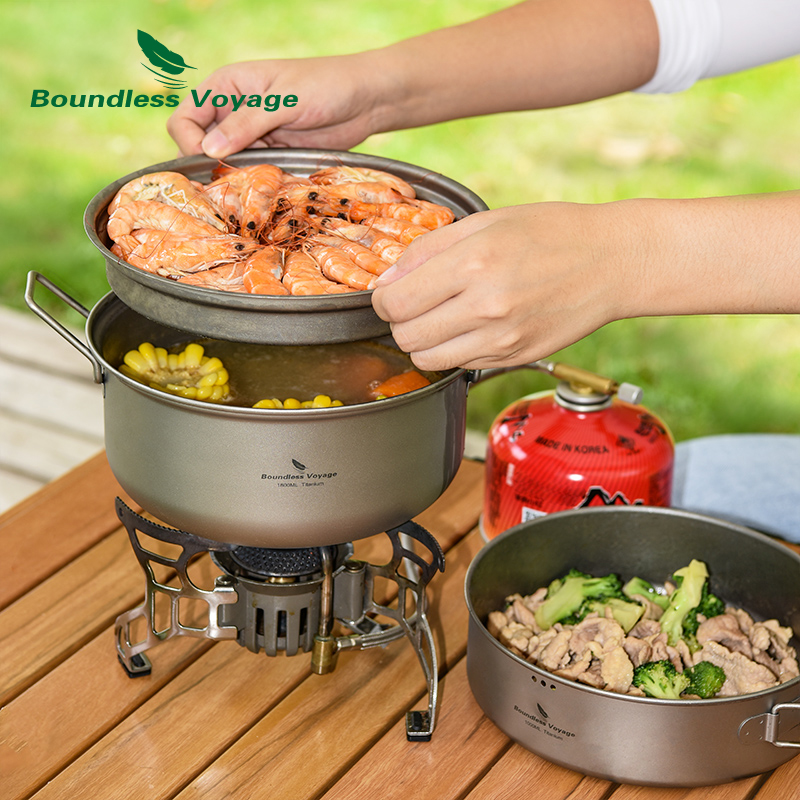 Camping Cooking Frying Pan - Boundless Voyage Titan-Dampfgarer-Suppentopf mit Bratpfannen-Set, ultraleichter