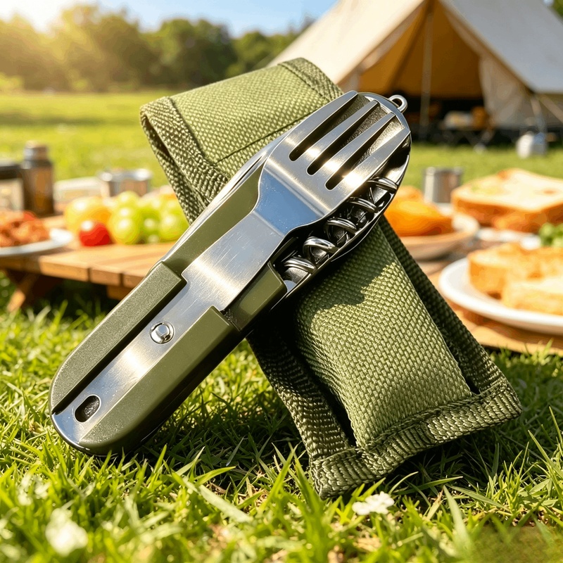 Camping Cooking Cutlery Set - Edelstahl 7-in-1 Camping-Besteckset, faltbares multifunktionales Geschirr,