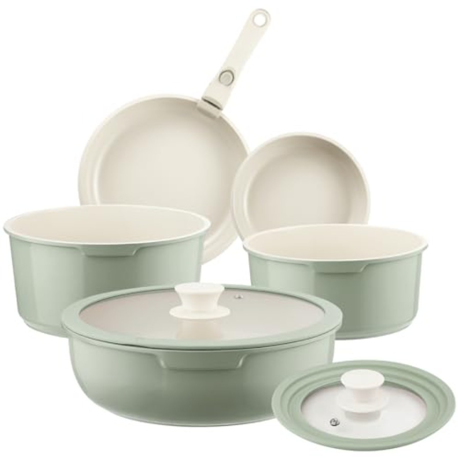 Camping Cooking Set Detachable Handle - Keramik-Topf- und Pfannen-Set Antihaftbeschichtet Grün, 8-teiliges