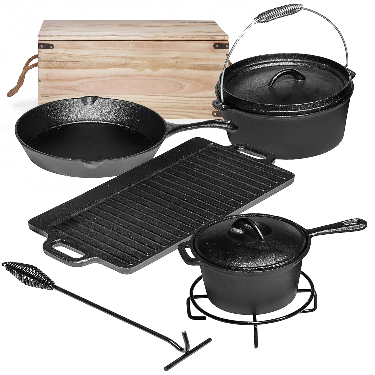 Camp Dutch Oven Cast - Camping-Kochset mit 7 Teilen. Vorgefertigte Gusseisen-Töpfe